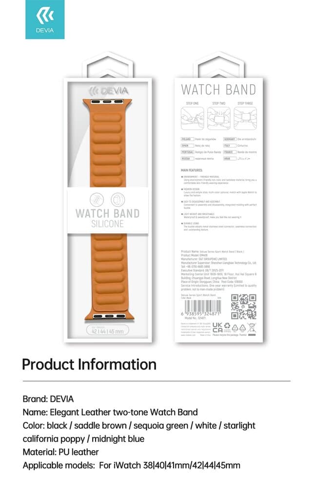DEVIA iWatch 42|44|45|49mm Elegant Leather two-tone Watch Band - california poppy 3