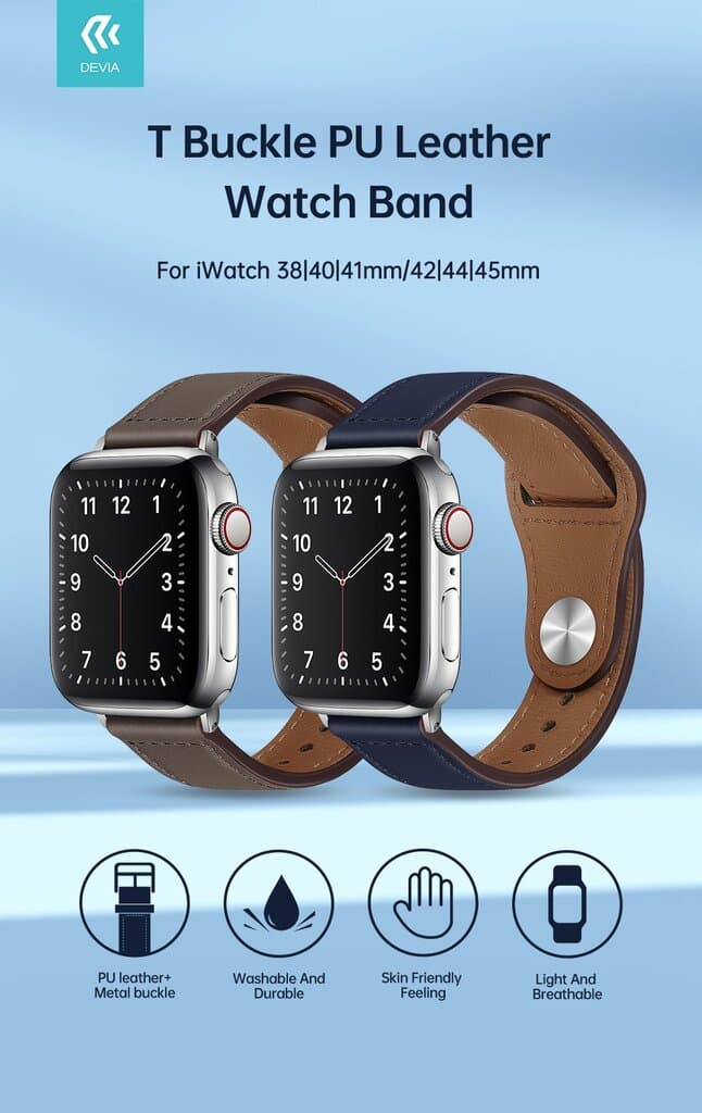 DEVIA T-Buckle PU Leather Watch Band for Apple Watch (38mm, 40mm, 41mm) – Stylish & Durable - (Dark blue) 2