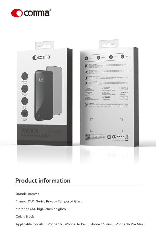 Comma DUN Series Privacy Tempered Glass - iPhone 16 Pro 7