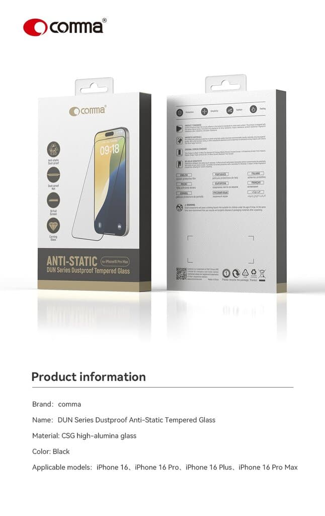 Comma DUN Series Dustproof Anti-Static Tempered Glass - iPhone 16 Plus — photo 7