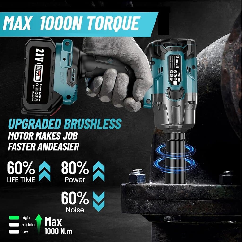 Uaoaii 1000Nm(738ft-lbs) Cordless Impact Wrench High Torque 5