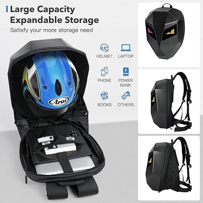REDHORNS LED Eyes Biker Backpack Hard Shell Expandable Waterproof 4