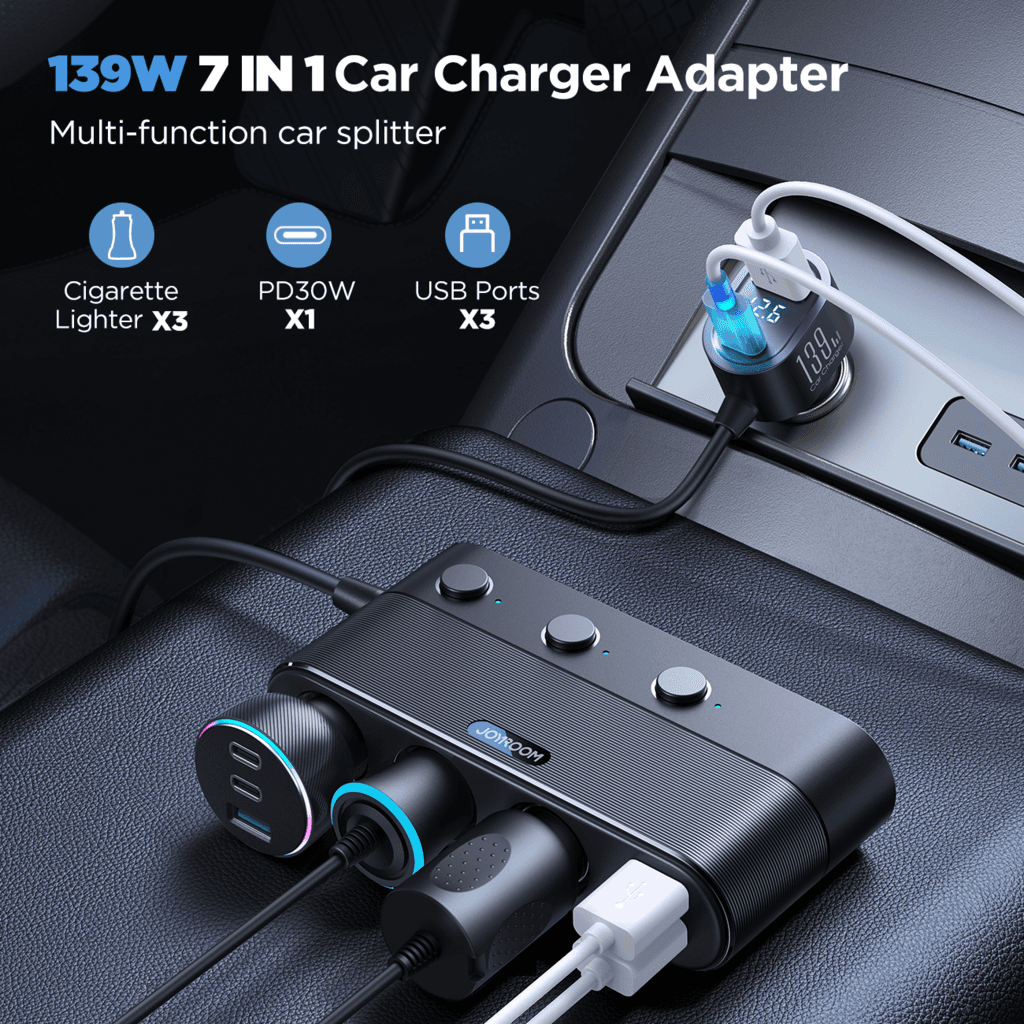 Joyroom 139W 7-in-1 Cigarette Lighter Car Charger Splitter 3