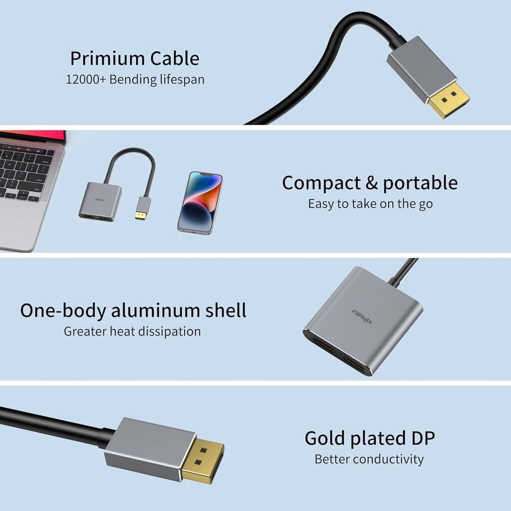 Fairikabi DisplayPort to Dual HDMI Adapter 4