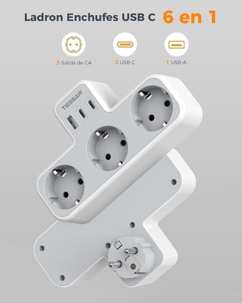 TESSAN Thief Flat Sockets with USB C, 6 in 1 Thief Multiple USB Sockets, 
white 5