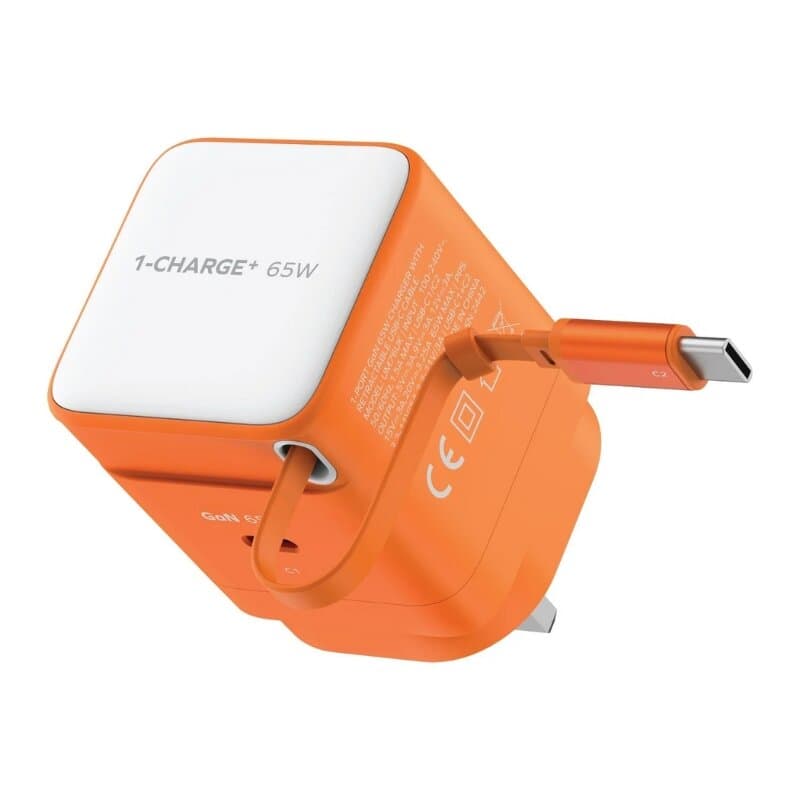 Momax CHARGE & Port GaN 65W charger with Retractable USB-C Cable(USB-C Port x 1, USB-C Cable x 1) (Orange)