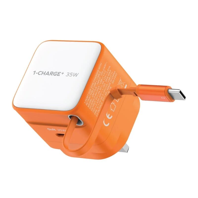 Momax CHARGE & Port GaN 35W charger with Retractable USB-C Cable(USB-C Port x 1, USB-C Cable x 1) (Orange) 1