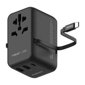مۆماکس وۆرڵد+ ٢٥ واتی ٣ پۆرت لەگەڵ کێبڵی USB-C دروستکراو + ئادابتەری گەشتی AC (ڕەش)