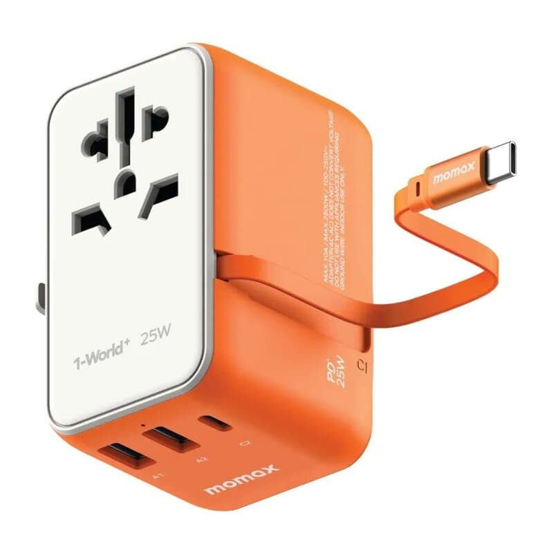 Momax World+ 25W 3-Port w/ Built-in USB-C Cable + AC Travel Adaptor (Orange)