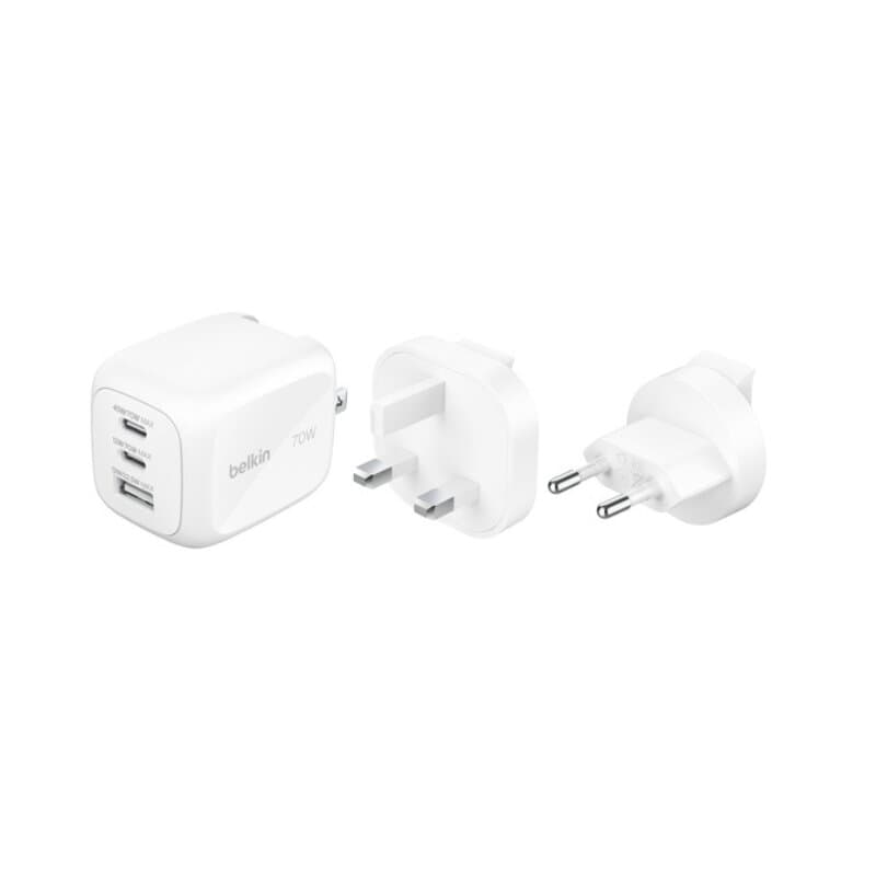 Belkin 70W 3-Port Gan Fast Wall Charger With Travel Adapters (US / UK / EU Plugs)
