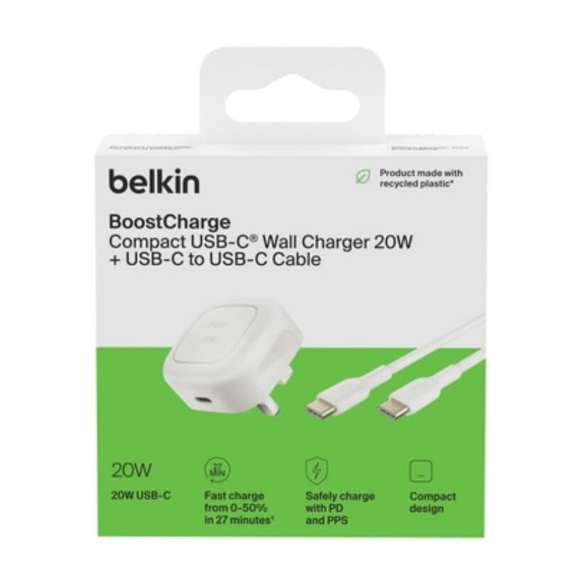 Belkin 20W USB PD Wall Charger With PPS, White w / 1m C-C (cable) 5