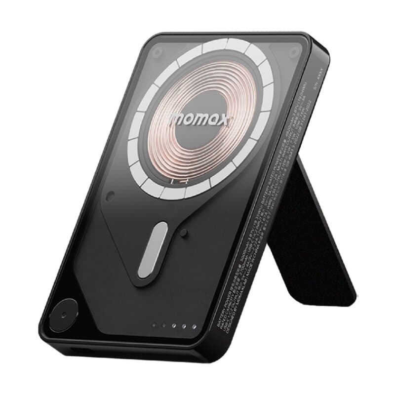 Momax Power X Pro Magnetic Wireless Battery Pack 5000mAh with Stand and Built-in USB-C Cable (Black)