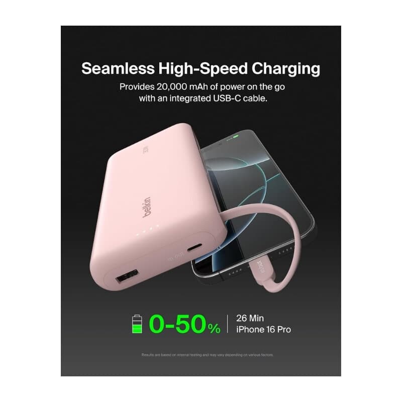 Belkin Post Charge Power Bank 20K With Built-in Cable (Pink) 2