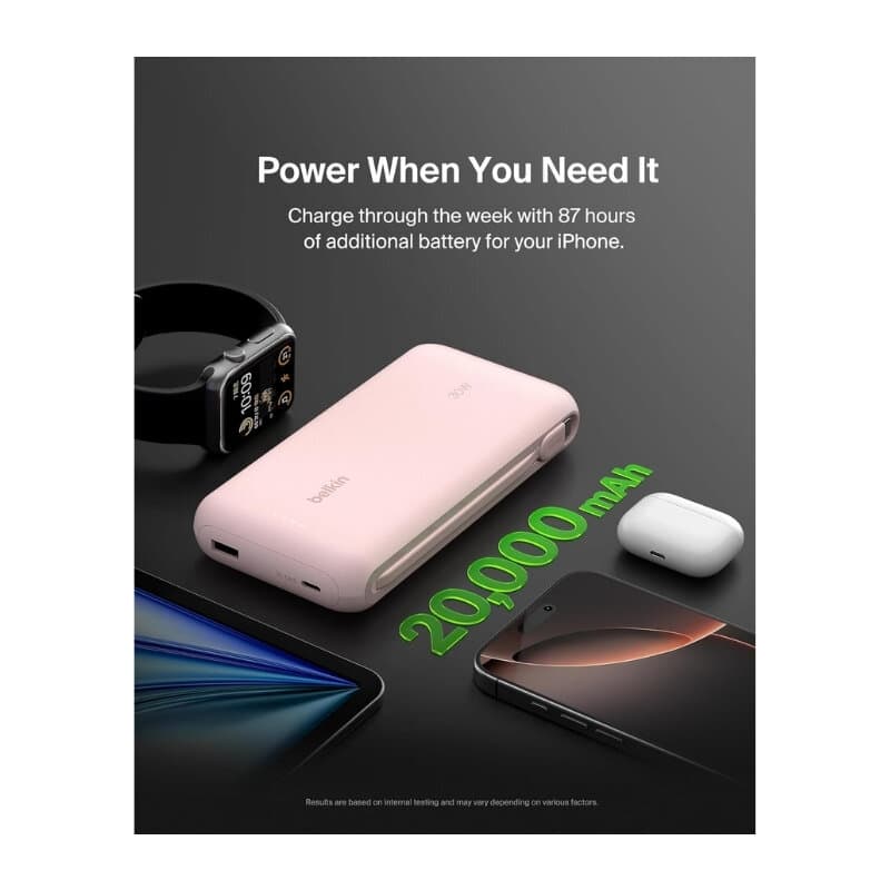 Belkin Post Charge Power Bank 20K With Built-in Cable (Pink) 4