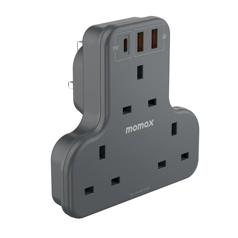 MOMAX ONEPLUG 3-Outlet T-shaped Extension Socket With USB. (Gray)