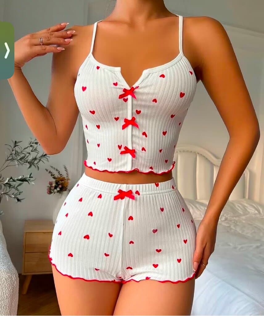 Women's Pajama Set with Heart Print & Cross-Strap Stripes - Comfortable Sleepwear (Size XL)