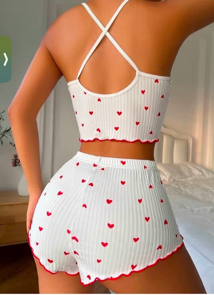 Women's Pajama Set with Heart Print & Cross-Strap Stripes - Comfortable Sleepwear (Size XL) 2