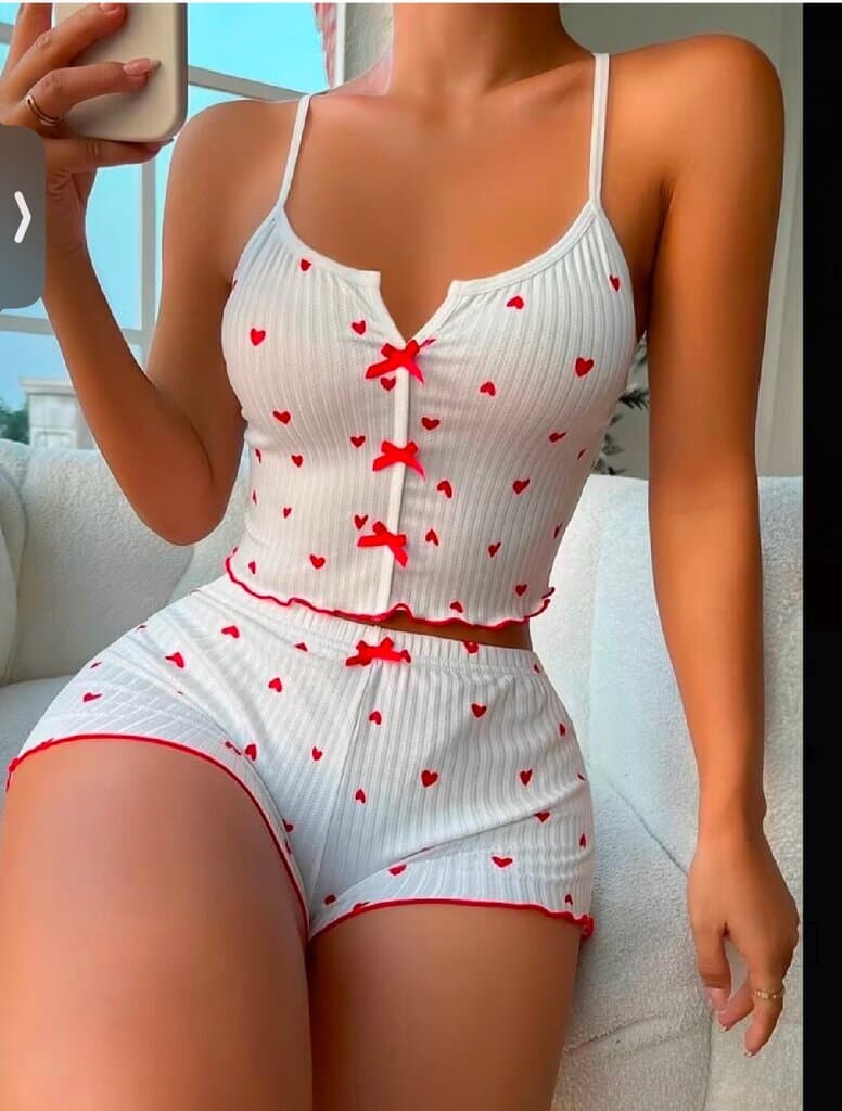 Women's Pajama Set with Heart Print & Cross-Strap Stripes - Comfortable Sleepwear (Size XL) 3