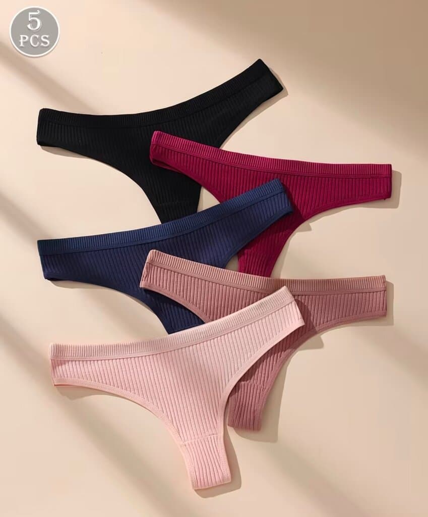 5pcs Women's Ribbed Thong Set - Low-Rise, Soft & Breathable, High Elasticity mixed colours 2