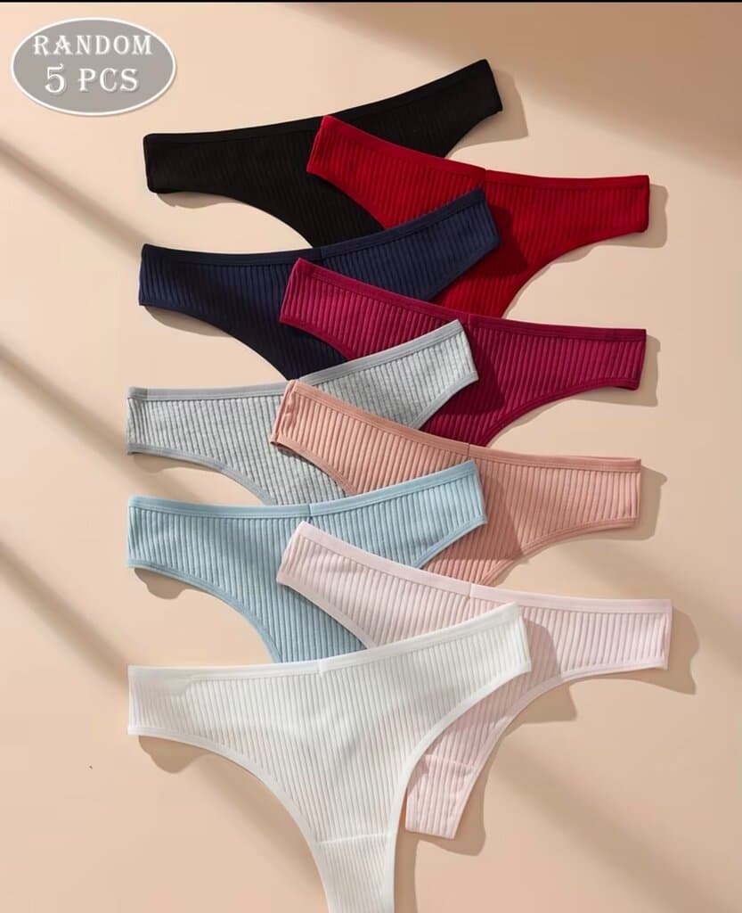 5pcs Women's Ribbed Thong Set - Low-Rise, Soft & Breathable, High Elasticity mixed colours 3