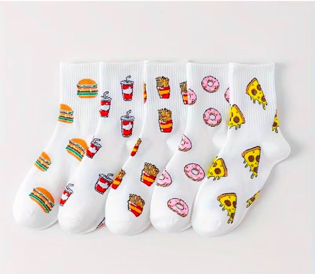 5 Pairs Women's Autumn & Winter Long Socks with Solid Color Hamburger Design - Sporty Cartoon Style