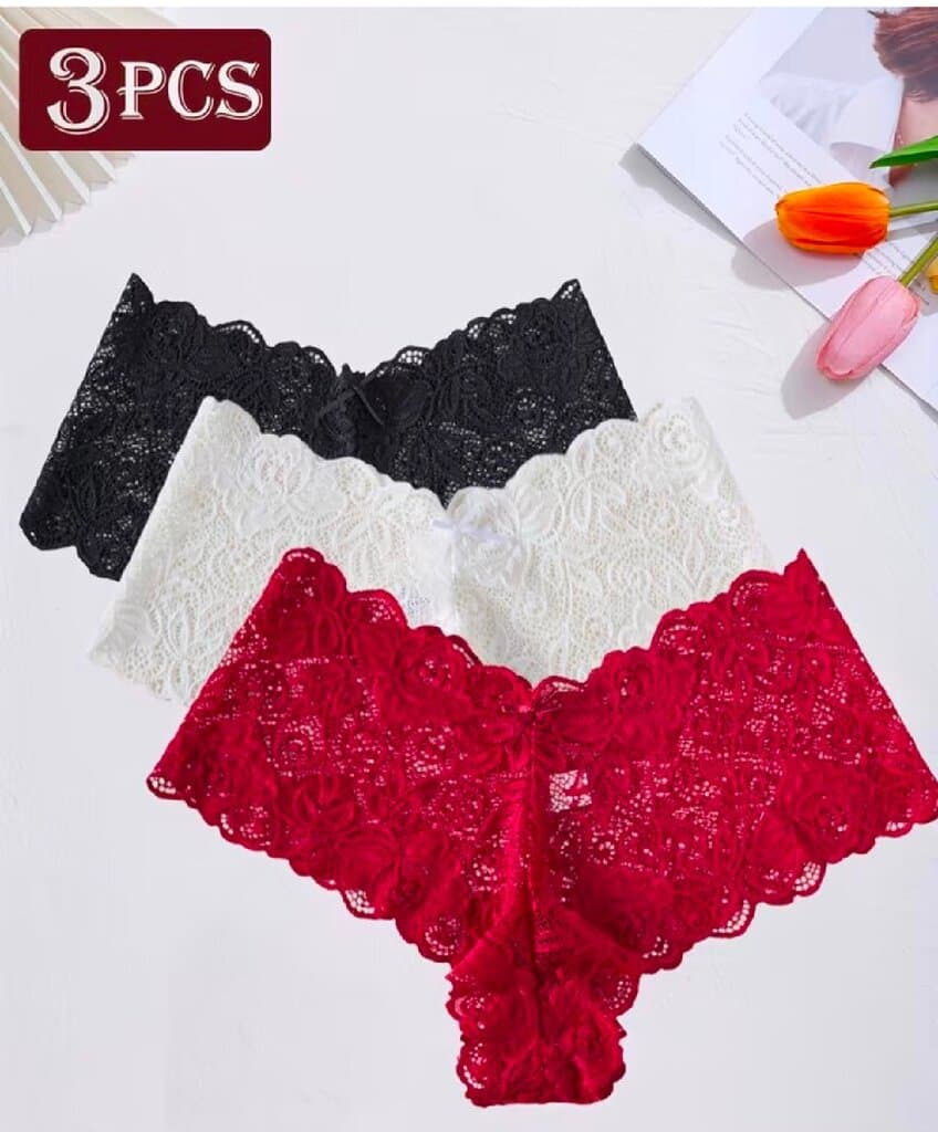 3pcs Women's Lace Panties - Wavy Lace & Bow Detail (Black/White/Red) xxl