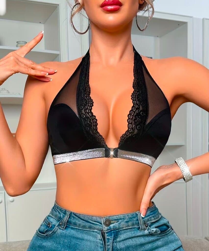 Women'S Black Mesh Panel Halter Design, Comfortable And Stylish Lingerie (L)