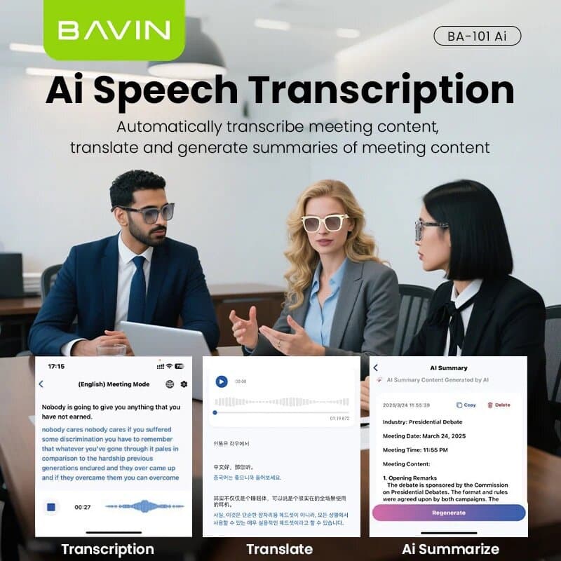 BAVIN BA101 Ai Smart Translation Sunglasses BT 5.4 w/ 130+ Languages, Open-Ear Hi-Fi Sound, Touch Co 5