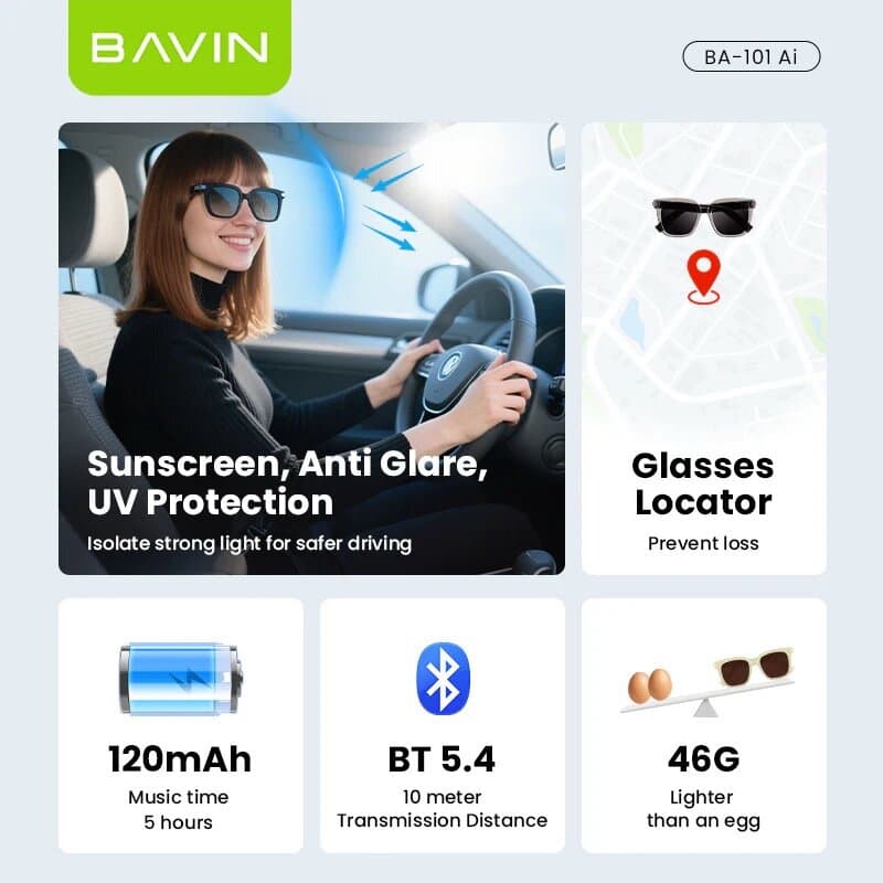 BAVIN BA101 Ai Smart Translation Sunglasses BT 5.4 w/ 130+ Languages, Open-Ear Hi-Fi Sound, Touch Co 6