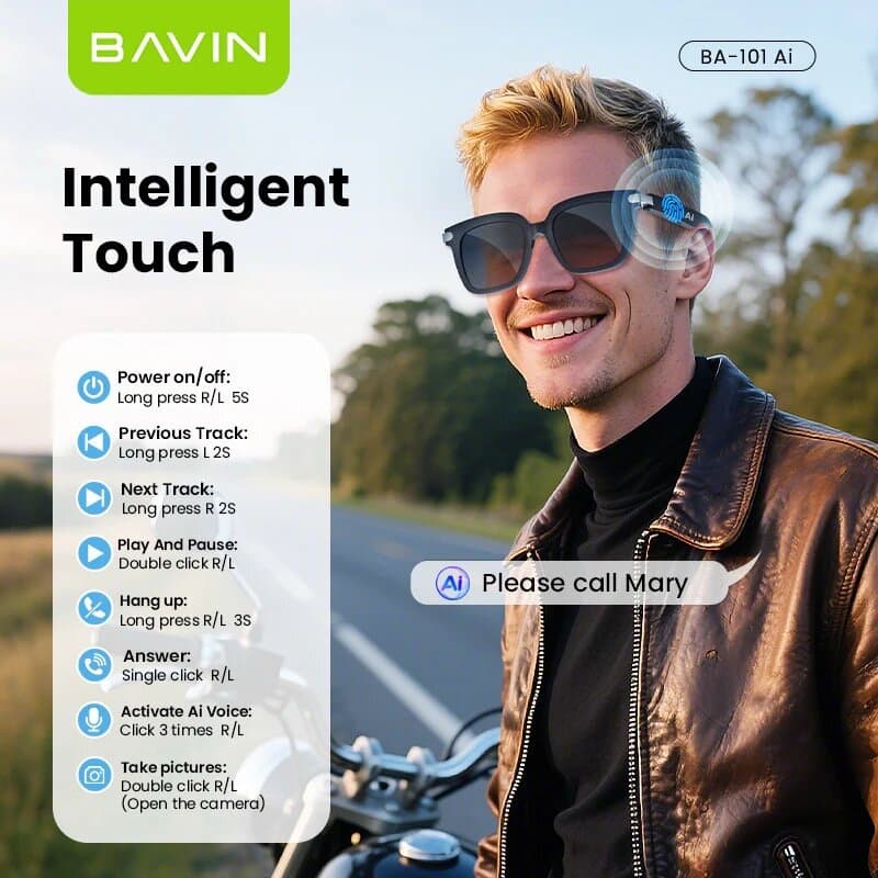 BAVIN BA101 Ai Smart Translation Sunglasses BT 5.4 w/ 130+ Languages, Open-Ear Hi-Fi Sound, Touch Co 3
