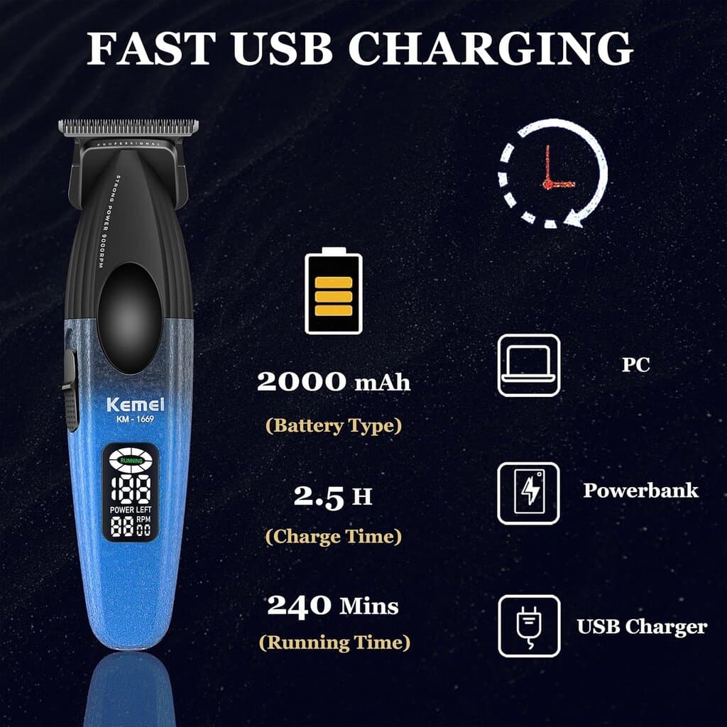 Kemei Rechargeable Hiar Trimmer - KM-1669 (Blue+Black) 4
