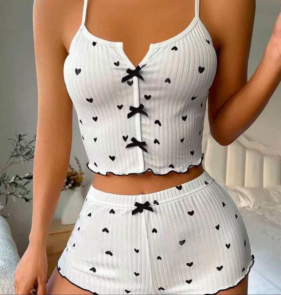 Sweetheart Bow Ribbed Pajama Set – White & Black Heart Print