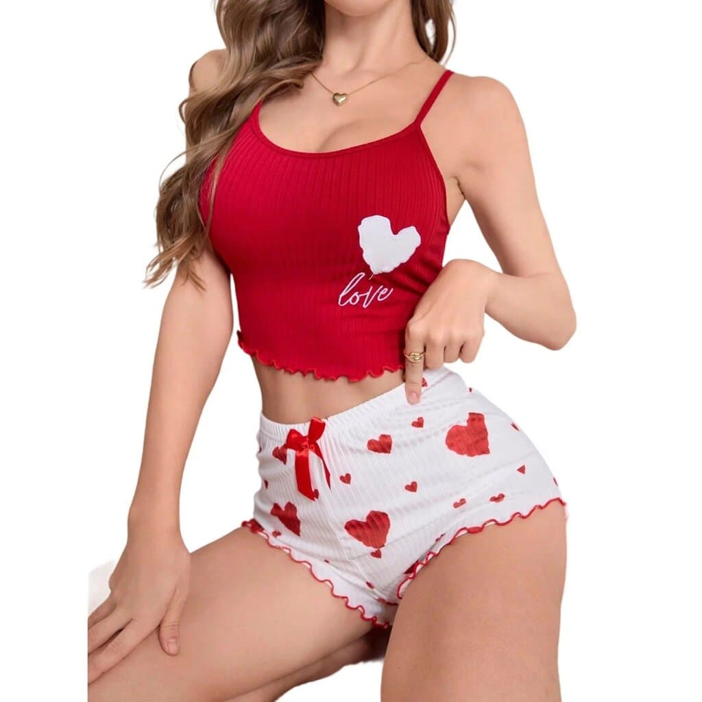 Love Heart Ribbed Pajama Set – Red & White Valentine Lounge Set