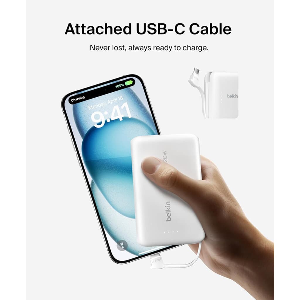 Belkin Power Bank 10,000mAh With Integrated USB-C Cable - White 2