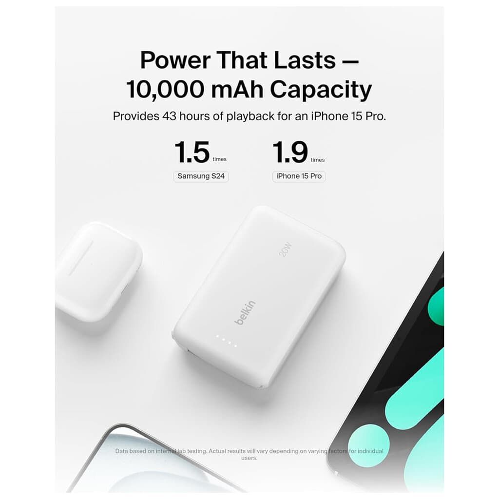 Belkin Power Bank 10,000mAh With Integrated USB-C Cable - White 3