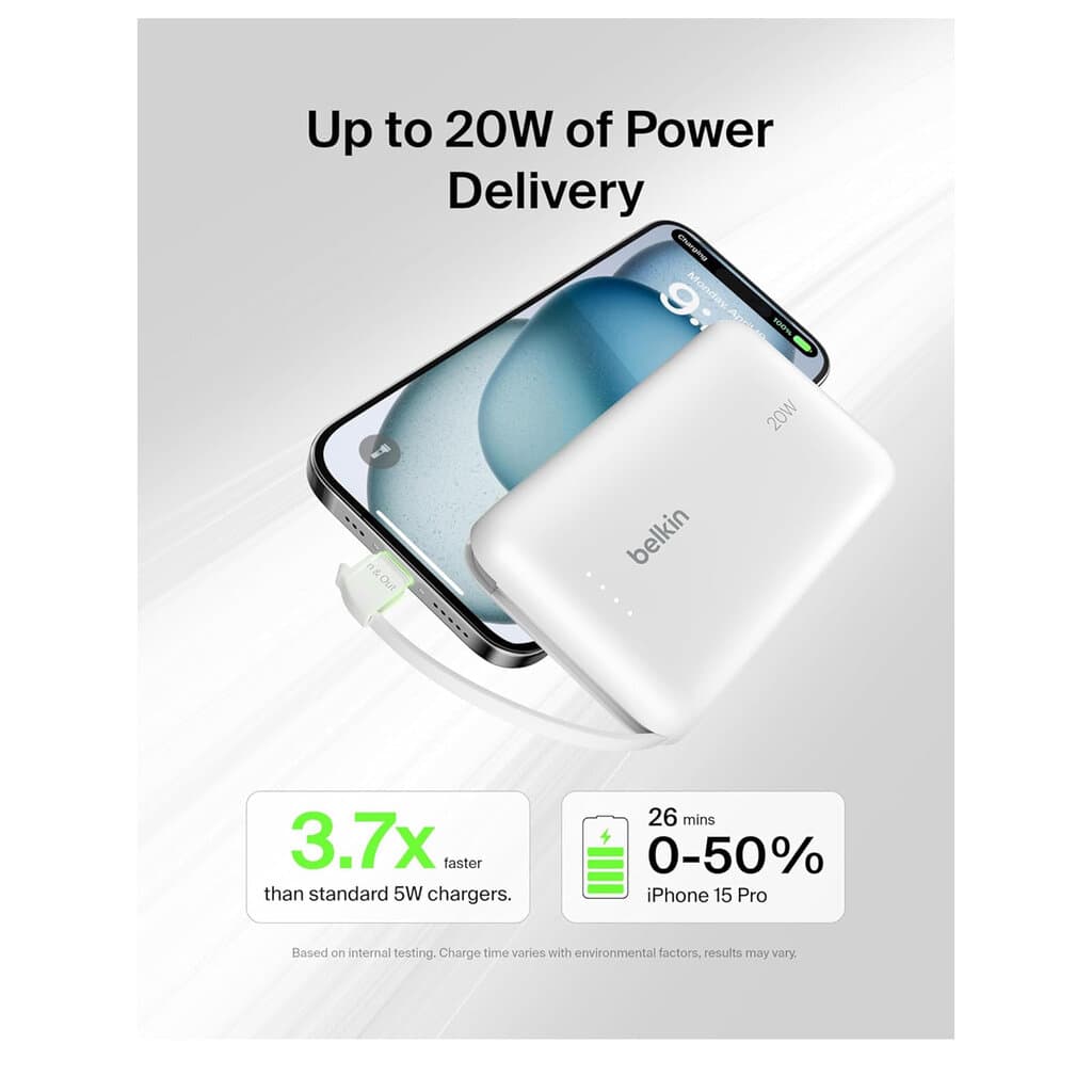 Belkin Power Bank 10,000mAh With Integrated USB-C Cable - White 4