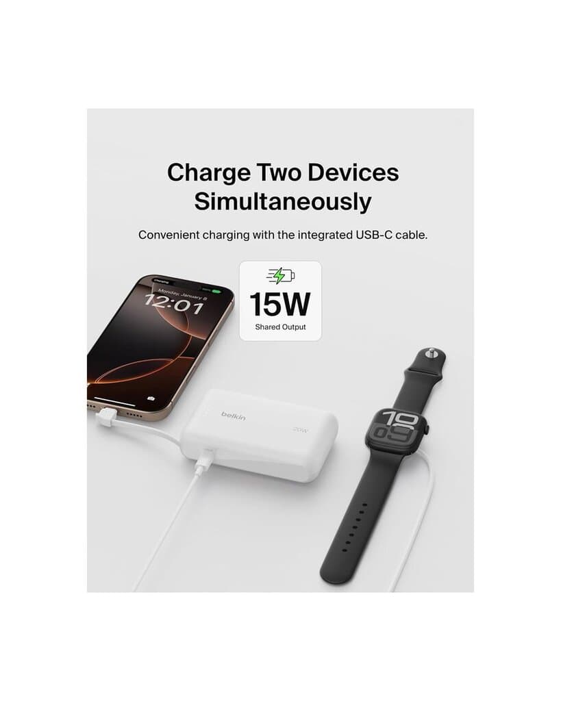 Belkin Power Bank 10,000mAh With Integrated USB-C Cable - White 5