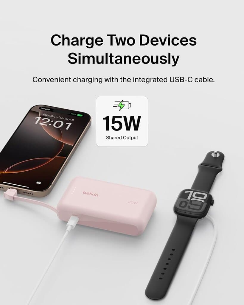 Belkin 10,000mAh Power Bank With Integrated Cable - Pink 2