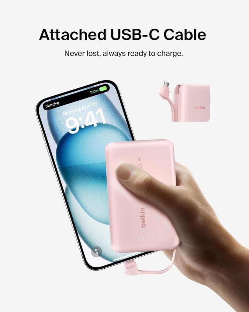 Belkin 10,000mAh Power Bank With Integrated Cable - Pink 3