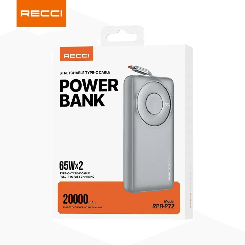 Recci 65W Retractable Cable Fast Charging Power Bank - RPB-P72 (Gray) 2
