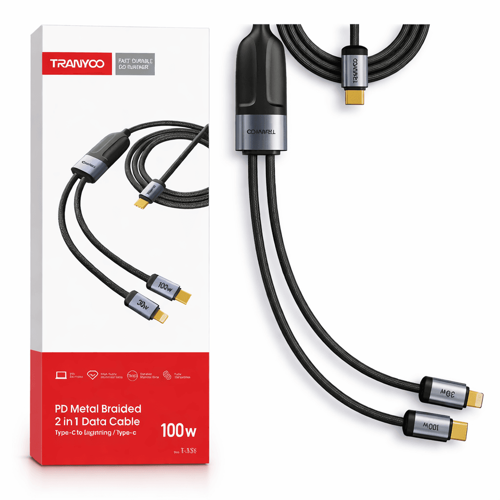 Tranyoo 2-in-1 Metal Braided Data Cable | 100W Type-C & 30W Lightning | High-Speed Fast Charging