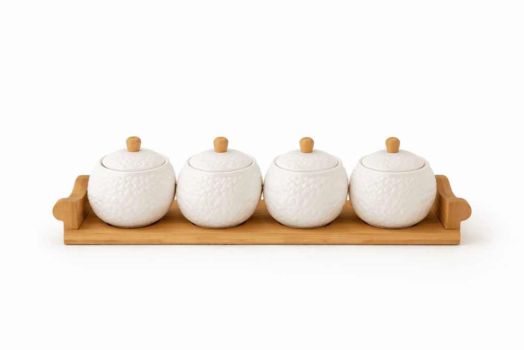 4 Piece Ceramic Spice Jar Set with Wooden Lids & Tray - White