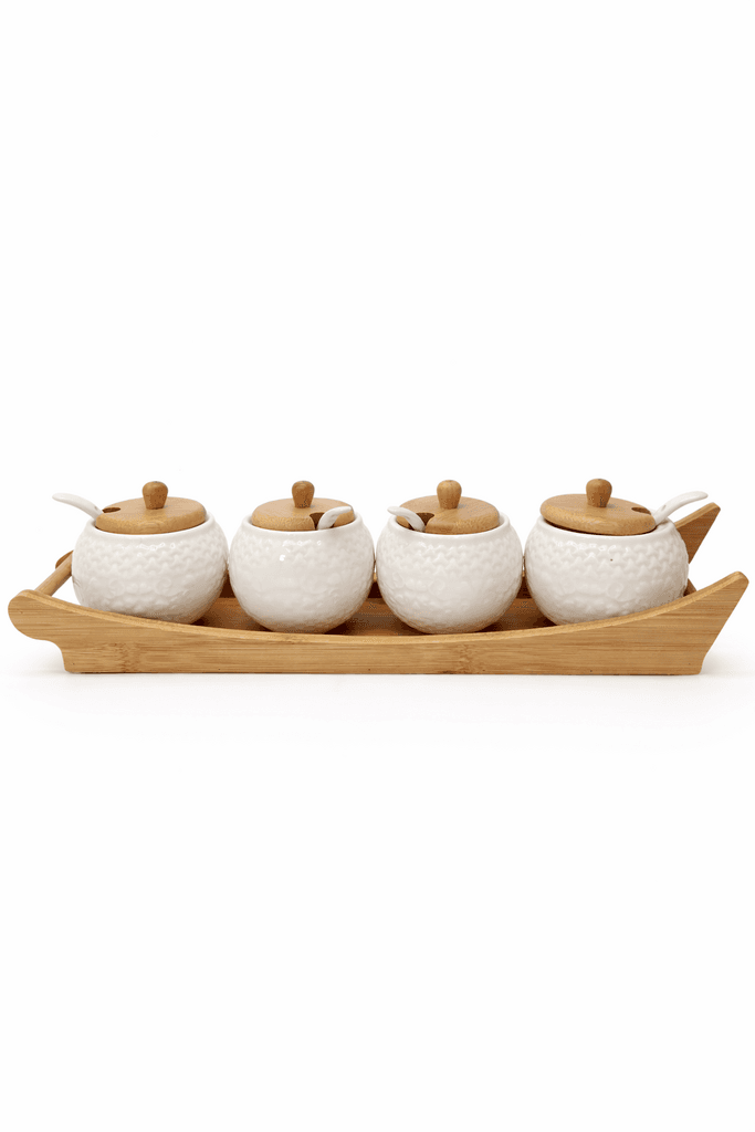 4 Piece Ceramic Spice Jar Set with Wooden Lids & Tray - White