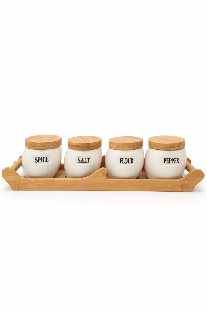 4 Piece Ceramic Spice Jar Set with Wooden Lids & Tray - White