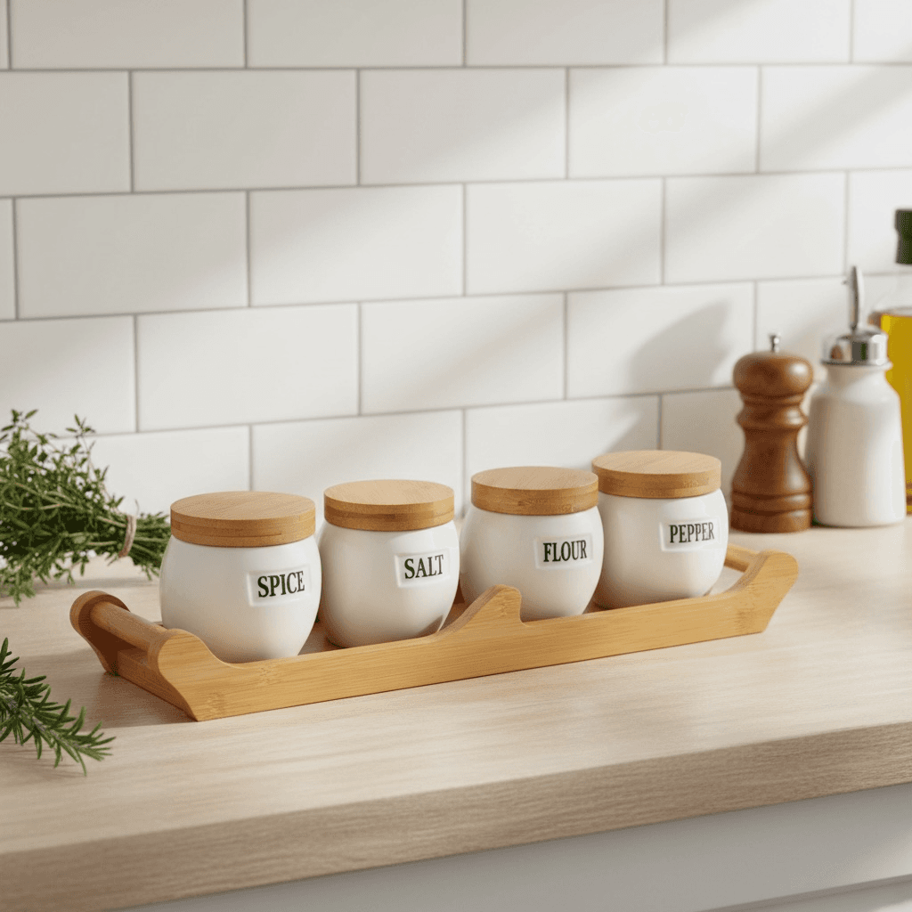 4 Piece Ceramic Spice Jar Set with Wooden Lids & Tray - White 2