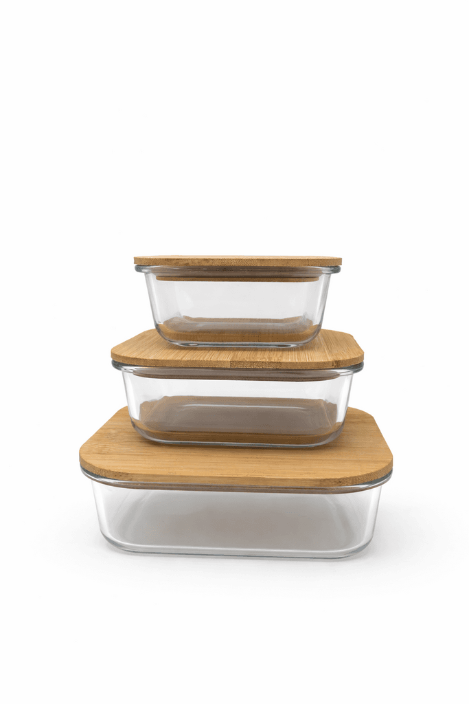 Set of 3 Glass Food Storage Bowls with Bamboo Lids