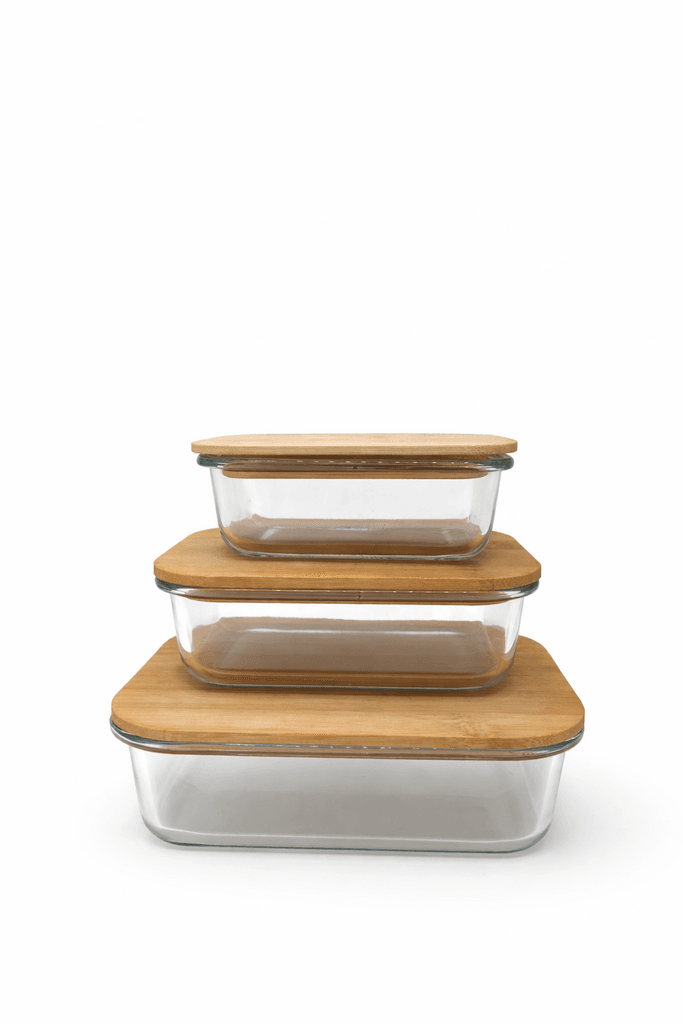 Set of 3 Glass Food Storage Bowls with Bamboo Lids