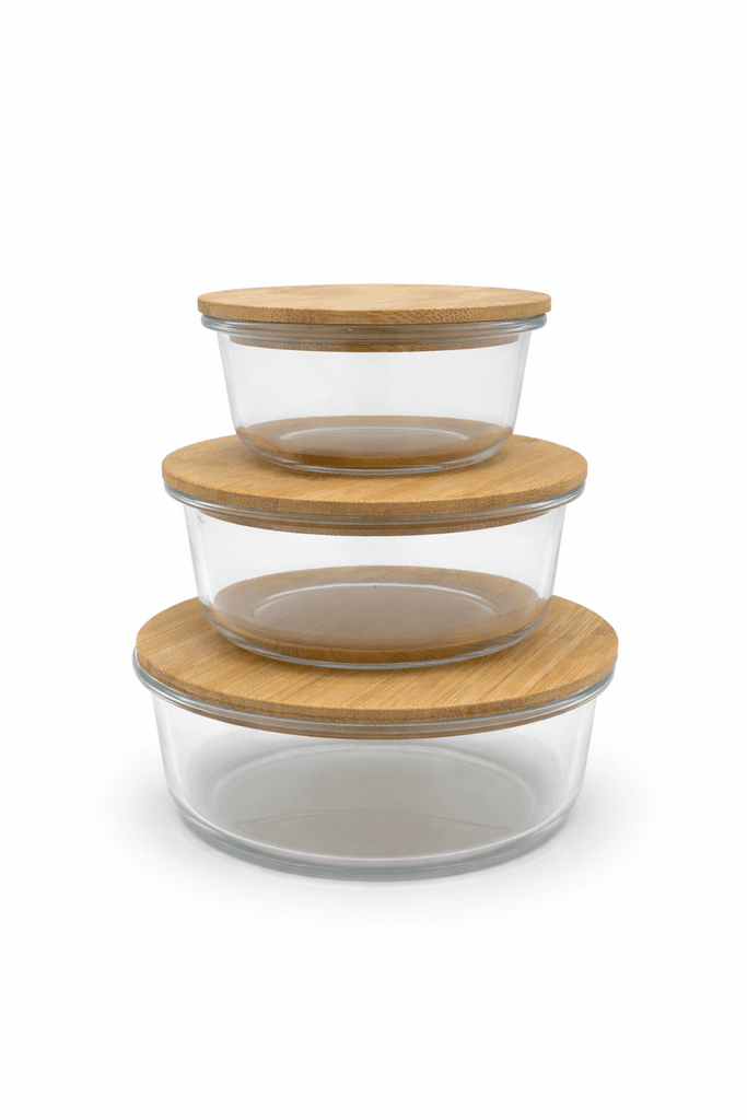Set of 3 Glass Food Storage Bowls with Bamboo Lids