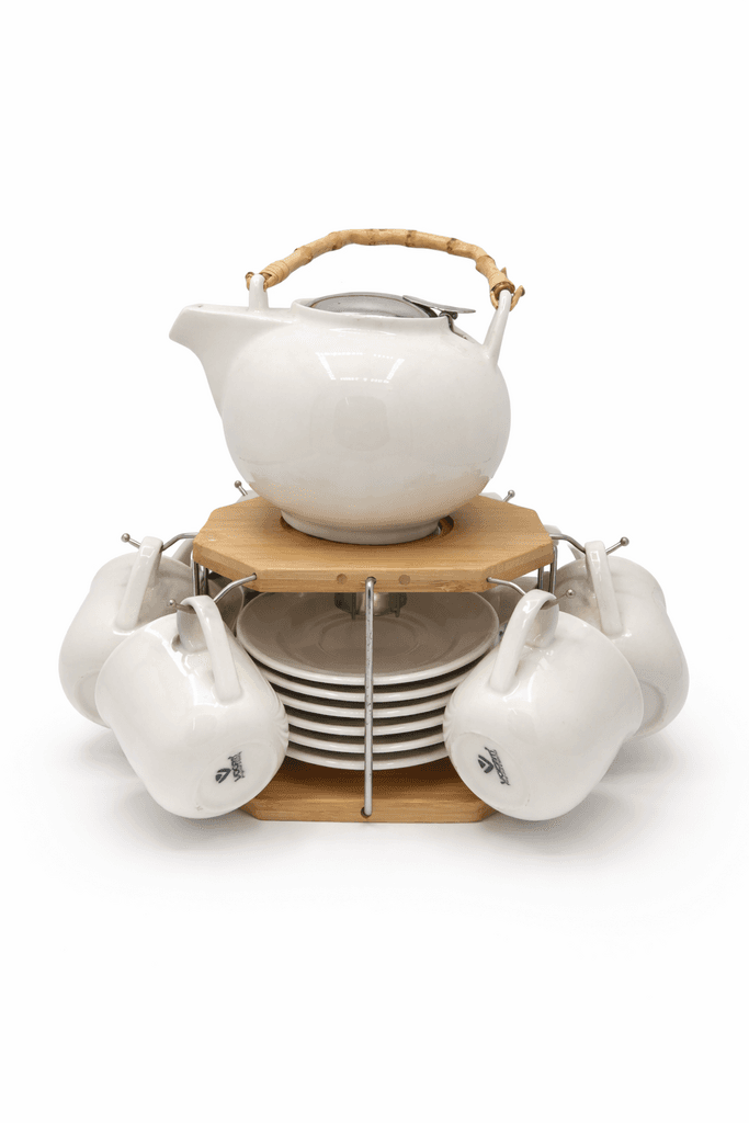 Ceramic Tea Set with Wooden Stand - 13 Piece (White)
