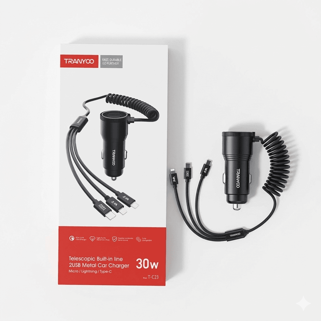 TRANYOO 5-in-1 High-Power Car Charger with Integrated Triple Cable & Dual USB Ports